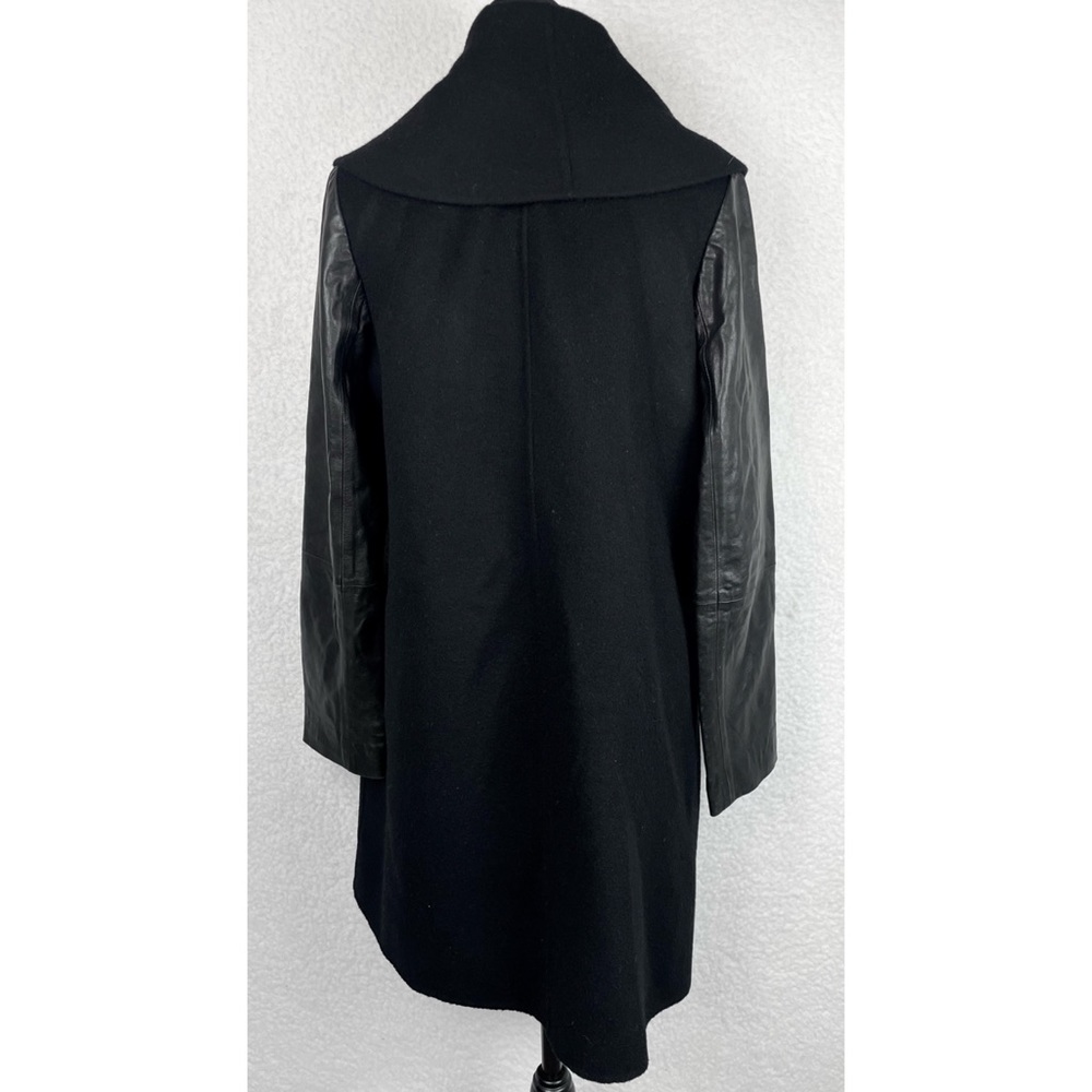 VINCE • Black Leather-Sleeve Shawl Collar Wool Trench Coat, XS - Picture 5 of 15